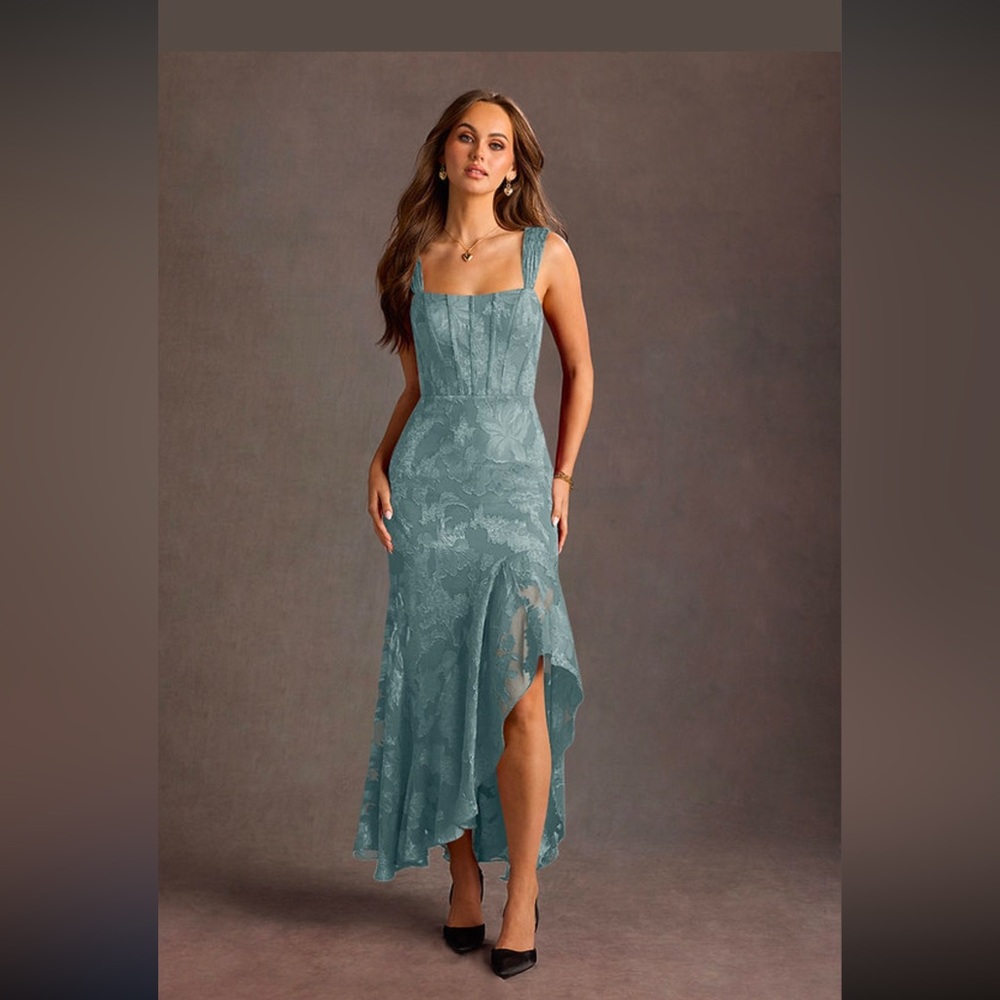 Azazie Teal Lace Maxi Dress
